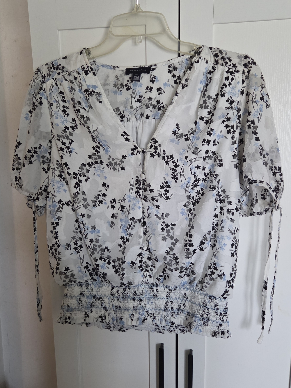 V-Neck Floral Smocked-Blouse - White with Light Blue & Black Floral
